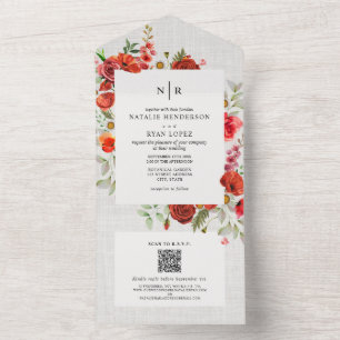 Wildflowers Poppy Red Floral Linen Wedding QR RSVP All In One Invitation