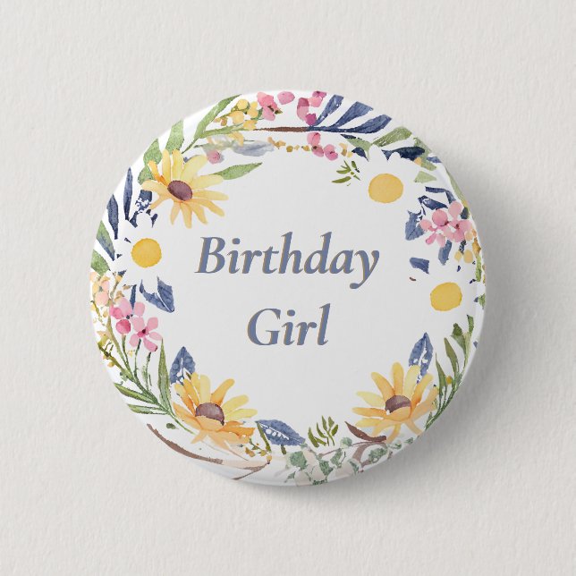 Wildflowers Pretty Floral Birthday Girl Button (Front)