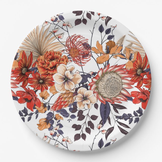 Wildflowers protea and foliage purple orange gold  paper plate (Front)