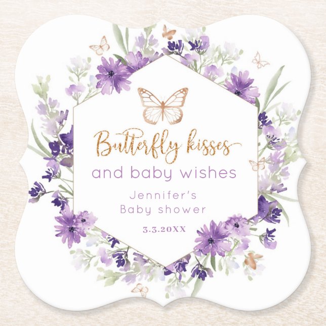 Wildflowers purple Butterfly kisses baby shower Paper Coaster (Front)