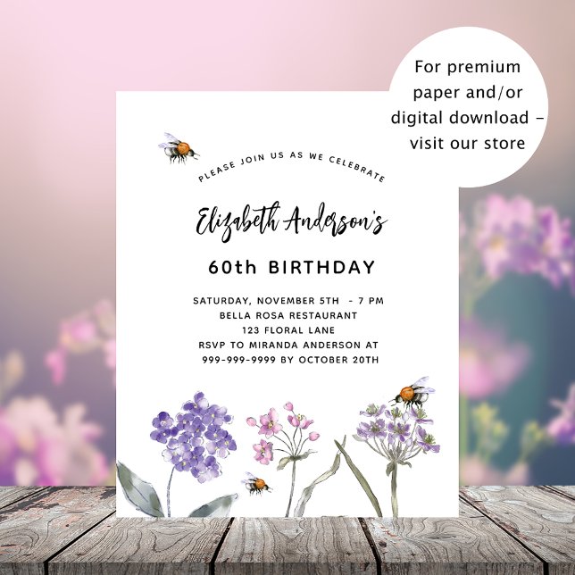 Wildflowers purple pink budget birthday invitation (Creator Uploaded)