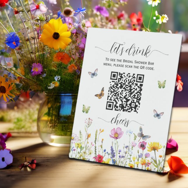 Wildflowers QR Code Bridal Shower Drink Menu Pedestal Sign (Creator Uploaded)