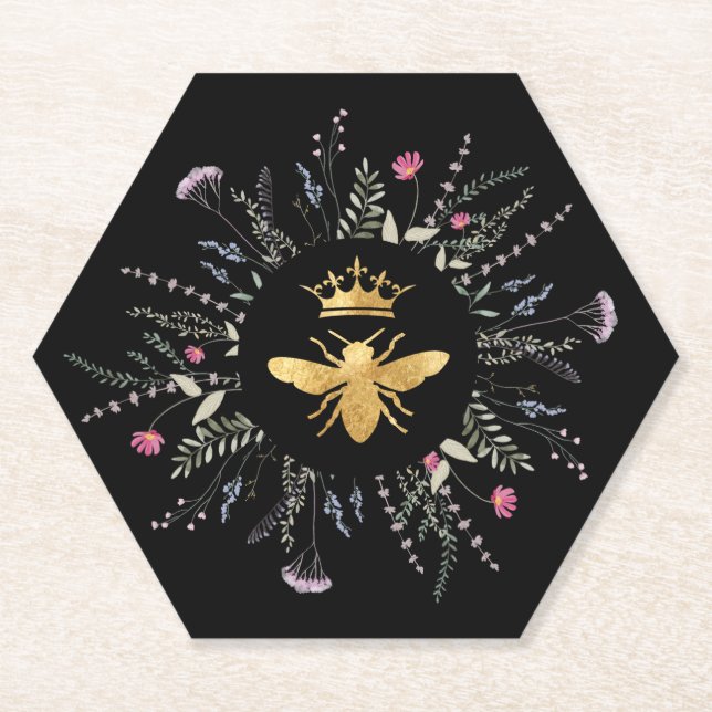 wildflowers Queen bee design on black Paper Coaster (Front)