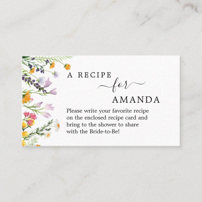 WILDFLOWERS Recipe request Bridal Shower  Business Card (Front)
