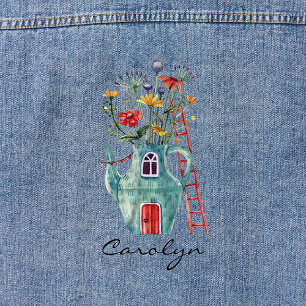 Wildflowers Red Door Teal Teapot Fairytale Cottage Denim Jacket