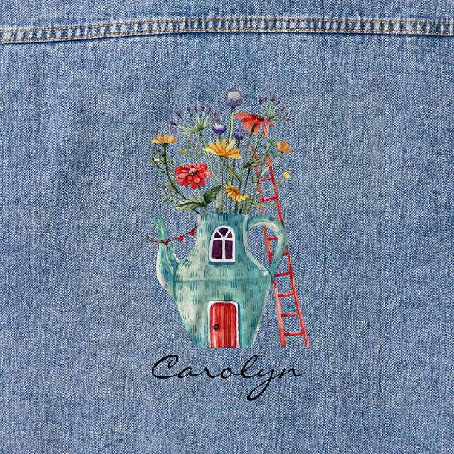 Wildflowers Red Door Teal Teapot Fairytale Cottage Denim Jacket (Creator Uploaded)