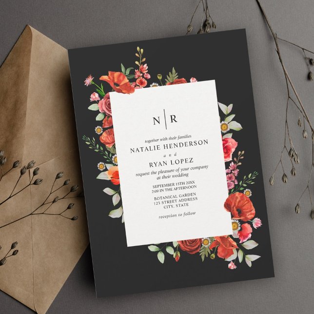 Wildflowers Red Poppy Floral Dark Wedding Invitation (Creator Uploaded)