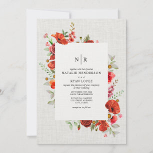 Wildflowers Red Poppy Floral Linen Wedding Invitation