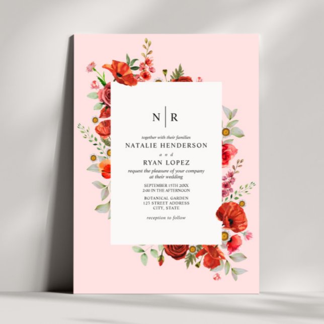 Wildflowers Red Poppy Floral Pink Wedding Invitation (Creator Uploaded)
