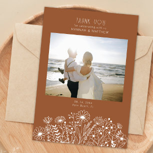 Wildflowers Retro Burnt Orange Photo Wedding Thank You Card