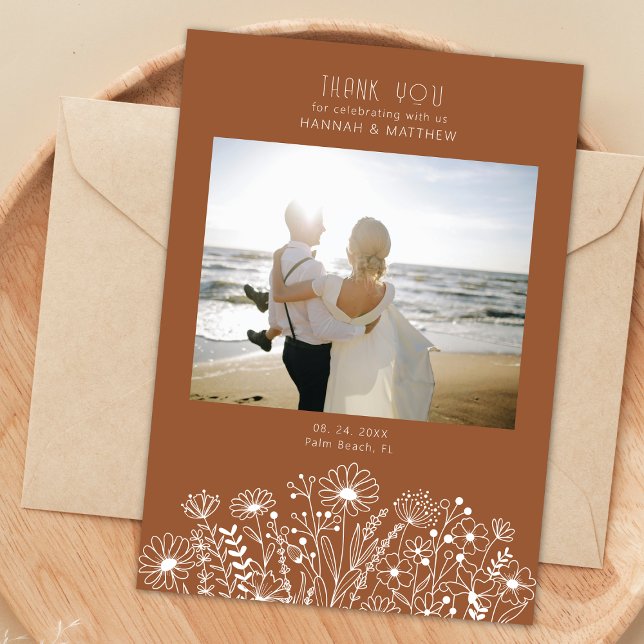 Wildflowers Retro Burnt Orange Photo Wedding  Thank You Card (Creator Uploaded)