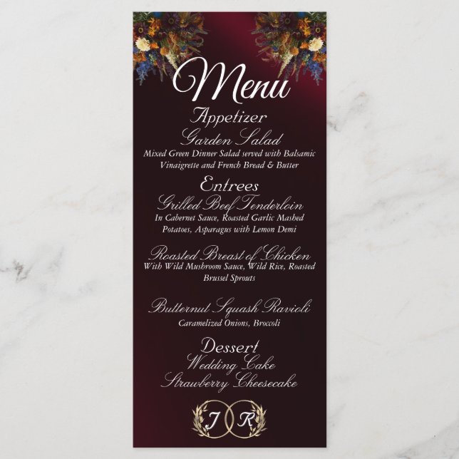 Wildflowers & Ribbon - Burgundy Wedding Menu (Front)