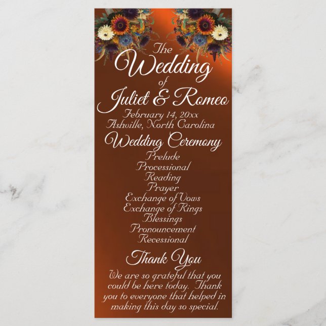 Wildflowers & Ribbon - Copper Wedding Programme (Front)