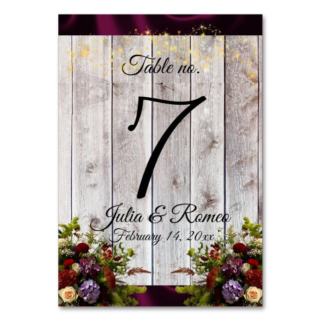 Wildflowers, Ribbon & Lights - Purple Table Number (Front)