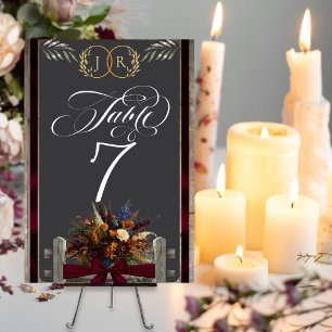 Wildflowers, Ribbon & Monogram - Burgundy Table Number