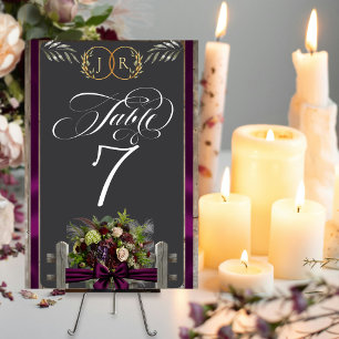 Wildflowers, Ribbon & Monogram - Plum Table Number