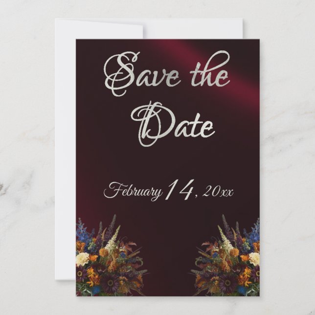Wildflowers, Ribbon & Photo - Burgundy Save The Date (Front)