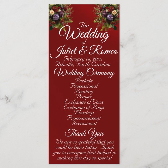 Wildflowers & Ribbon - Red Wedding Programme (Front)