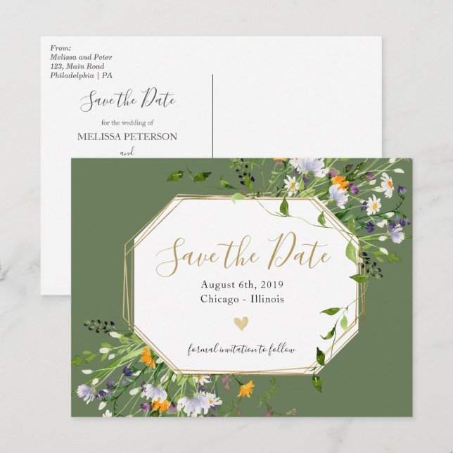 Wildflowers Romantic save the date postcard (Front/Back)