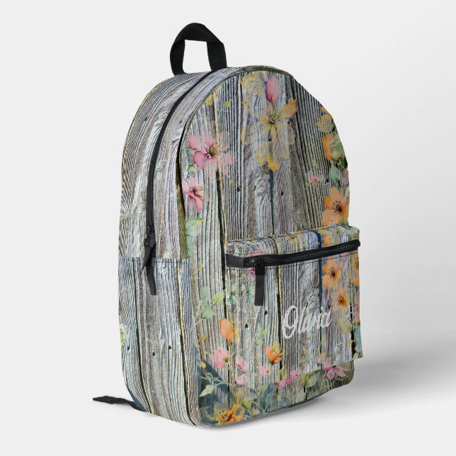 Wildflowers rustic wood grain printed backpack (Back Corner Left)