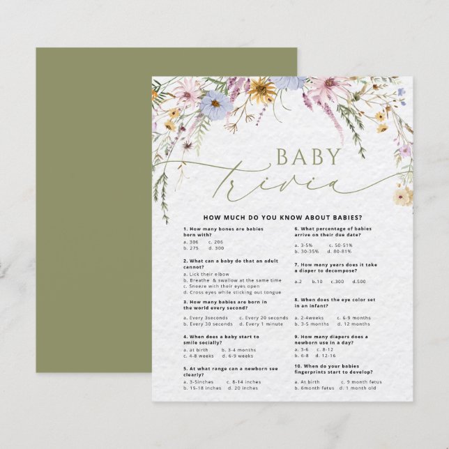 Wildflowers Sage Baby Trivia Baby Shower Game Card (Front/Back)