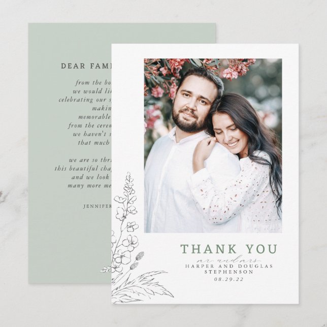 Wildflowers Sage Elegant Wedding Thank You Photo (Front/Back)
