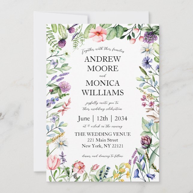 Wildflowers Script Elegant White Wedding Invitation (Front)