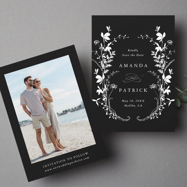 Wildflowers Silhouette Wreath Wedding Photo Black Save The Date (Front & Back)