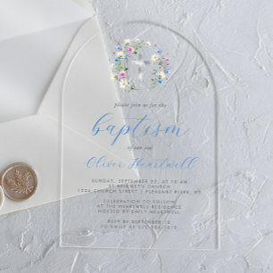 Wildflowers Silver Cross Blue Script Boy Baptism Acrylic Invitations