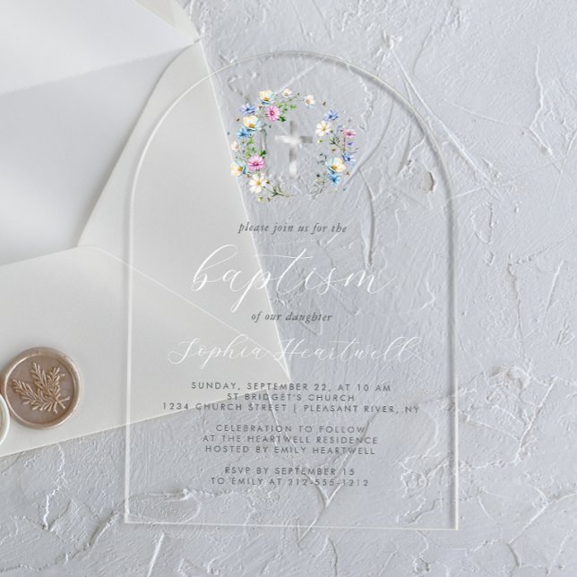 Wildflowers Silver Cross White Script Baptism Acrylic Invitations (Creator Uploaded)