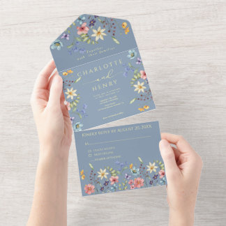 Wildflowers Simple Garden Dusty Blue Wedding All In One Invitation