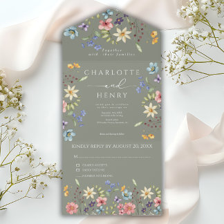 Wildflowers Simple Garden Sage Green Wedding All In One Invitation