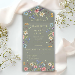 Wildflowers Simple Garden Sage Yellow Wedding All In One Invitation