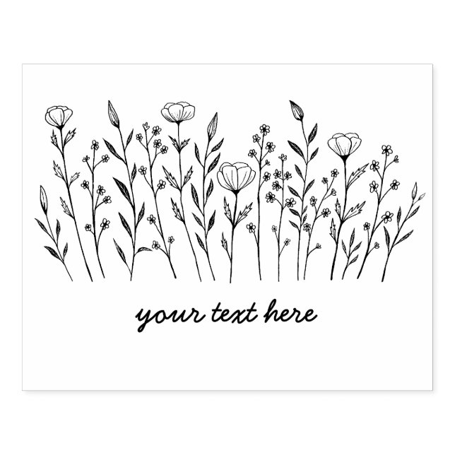 Wildflowers Simple Line Art Flowers Meadow CUSTOM Rubber Stamp (Imprint)
