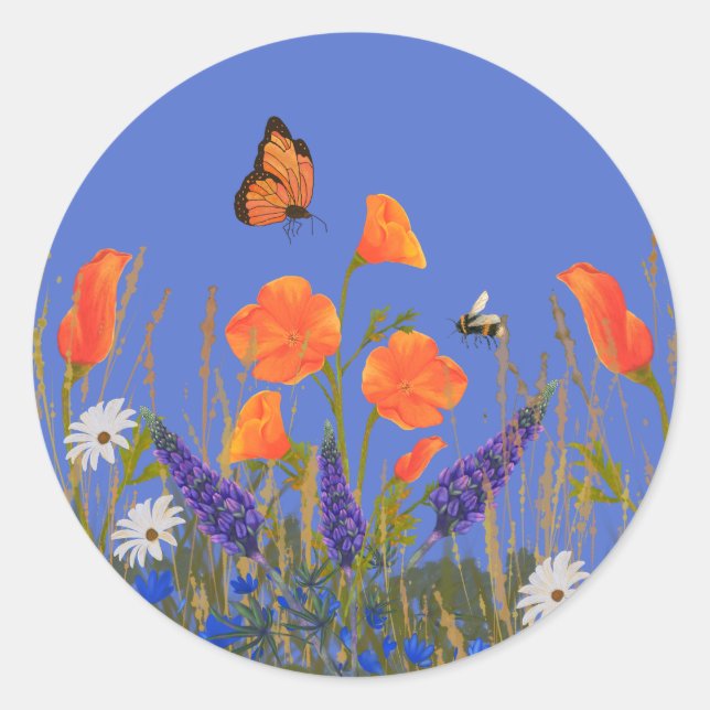 Wildflowers Spring Poppies Meadow Butterfly  Classic Round Sticker (Front)