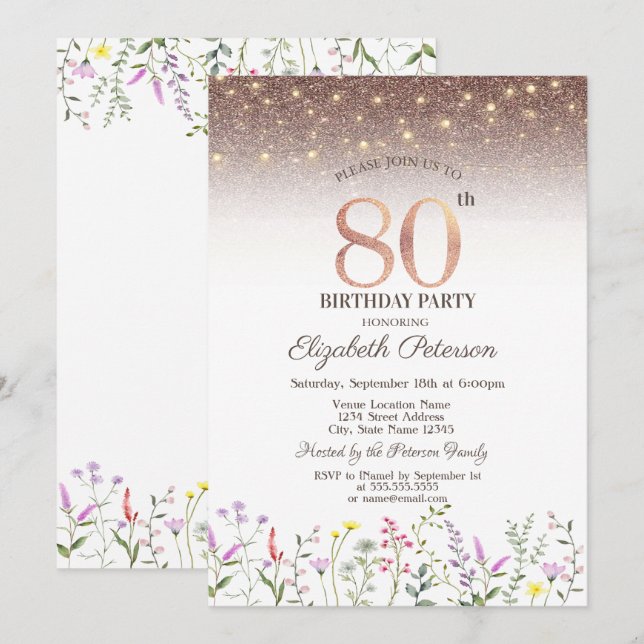  Wildflowers,String Lights Glitter 80th Birthday   Invitation (Front/Back)
