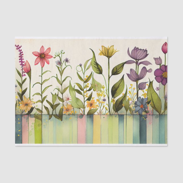 Wildflowers Stripe Purple Green Floral Decoupage Tissue Paper (Front)