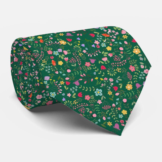 Wildflowers Stylish Floral Design on Dark Green Tie (Rolled)
