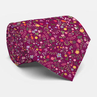 Wildflowers Stylish Floral Design on Plum Tie