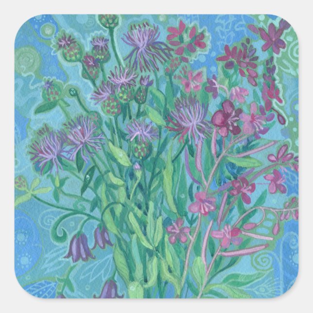 Wildflowers Summer Flowers Bouquet Floral Painting Square Sticker (Front)