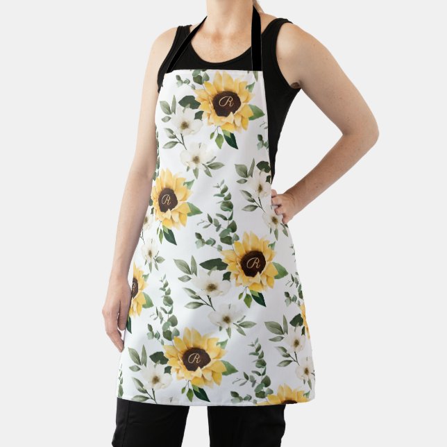Wildflowers & Sunflower Pattern Monogram White Apron (Insitu)