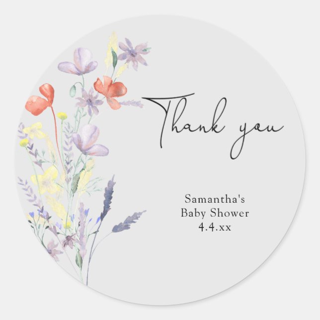 Wildflowers thank you baby shower classic round sticker (Front)
