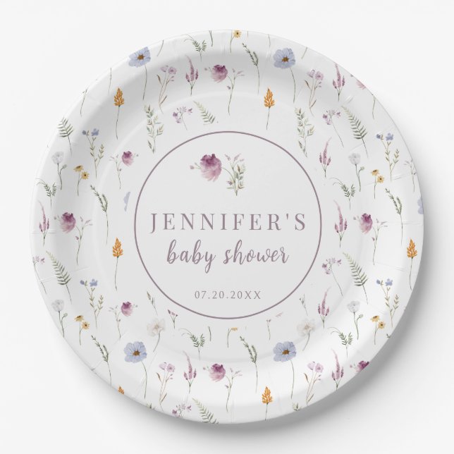 Wildflowers tiny flowers baby shower paper plates (Front)