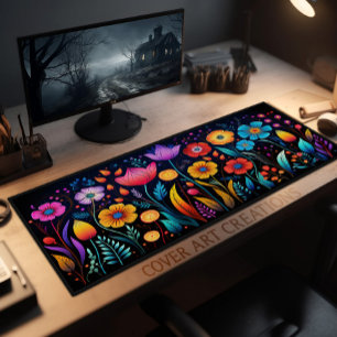 Wildflowers, Vibrant Colours On Black Desk Mat