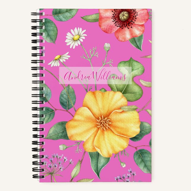 Wildflowers Vintage Drawing / Chick, Pink Notebook (Front)