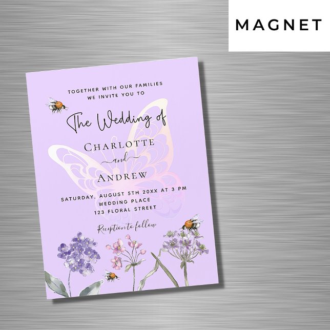 Wildflowers violet pink butterfly luxury wedding magnetic invitation (Creator Uploaded)
