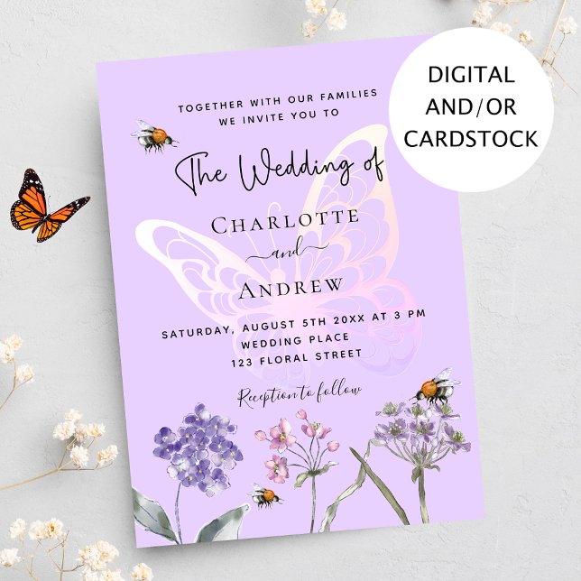 Wildflowers violet pink butterfly wedding invitation (Creator Uploaded)