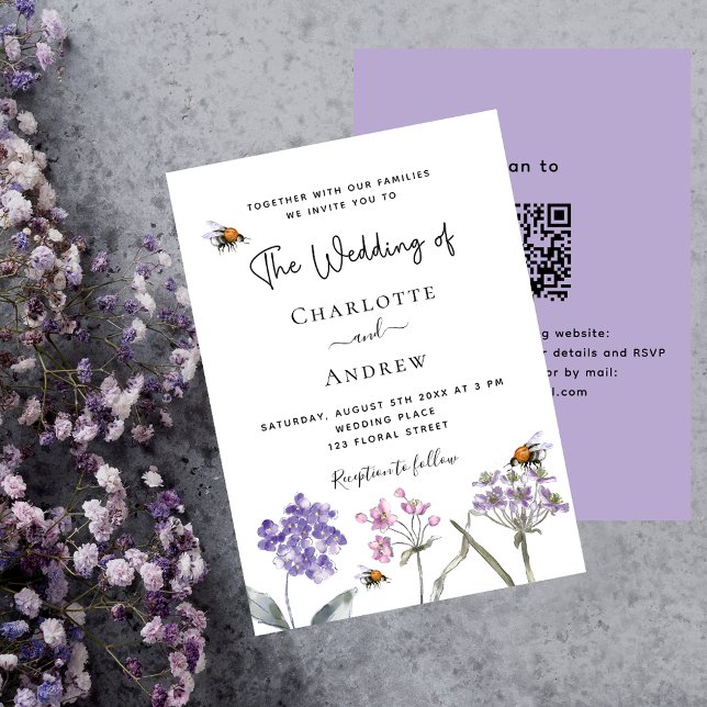 Wildflowers violet pink QR RSVP luxury wedding Invitation (Creator Uploaded)
