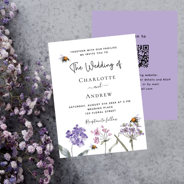 Wildflowers violet QR budget wedding invitation (Creator Uploaded)