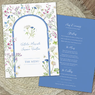 Wildflowers watercolor blue wedding Flat Menu